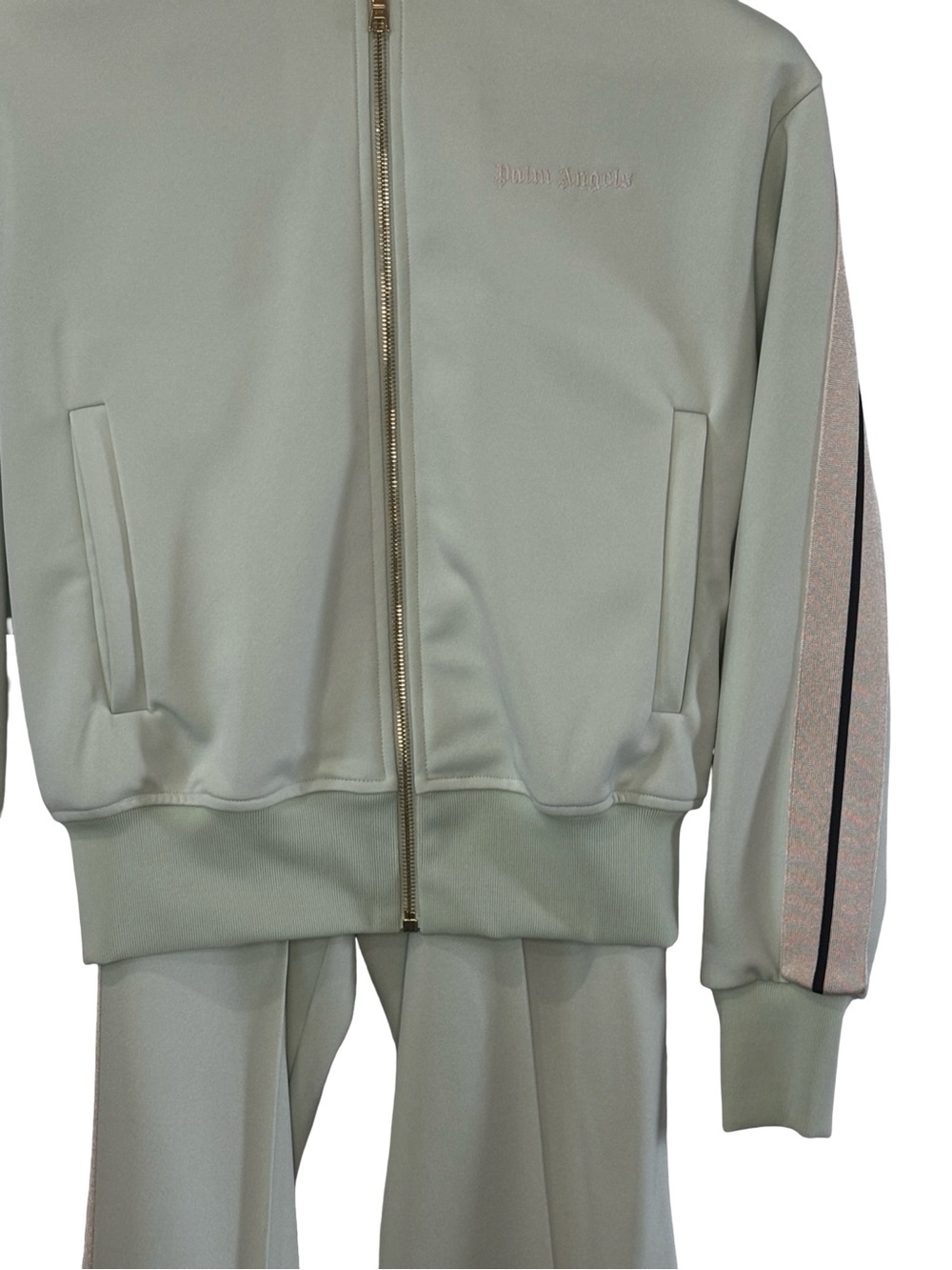 Palm Angels Mint Green Zip-Front Track Jacket with Contrast Sleeve Stripe